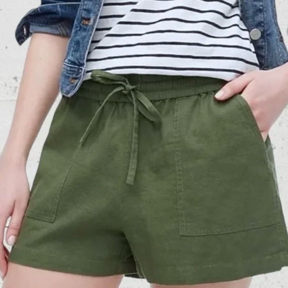 J. Crew Women's Drawstring Shorts‎ 2XS Olive Green Casual Summer linen